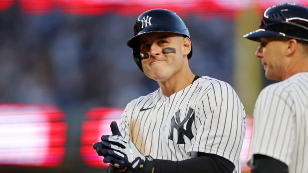 New York Yankees 1B Anthony Rizzo celebrates a hit in the playoffs